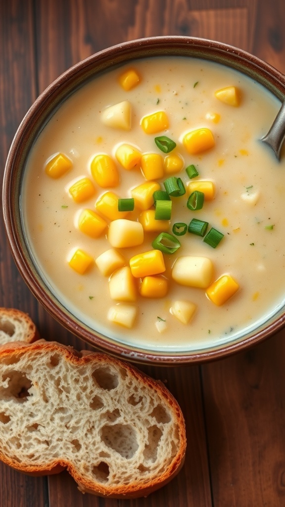 Creamy Corn Chowder Recipe A bowl of creamy corn chowder with corn and potatoes, garnished with green onions, on a wooden table with bread.